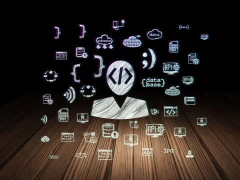 Software concept: Programmer in grunge dark room Stock-Illustration