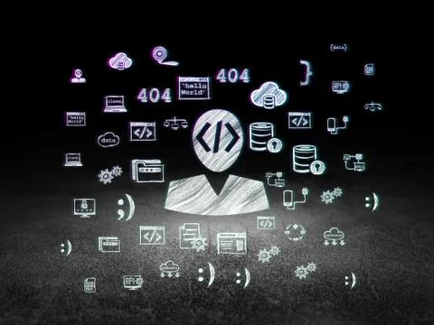 Software concept: Programmer in grunge dark room Stock-Illustration