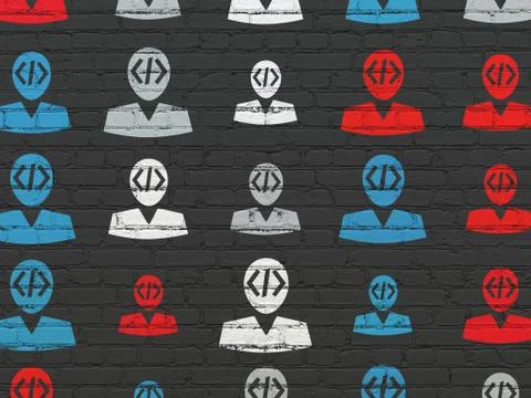 Software concept: Programmer icons on wall background 스톡 일러스트