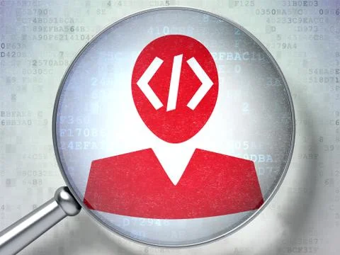 Software concept: Programmer with optical glass on digital background 스톡 일러스트