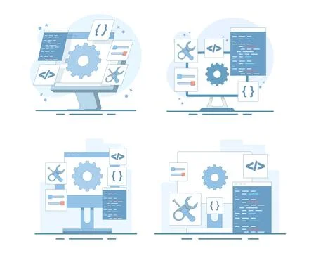 Software configuration set featuring computer settings, gear icons. Stock Illustration