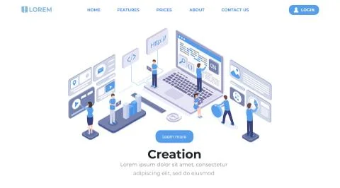 Software creation landing page isometric template. App programming and coding Stock Illustration