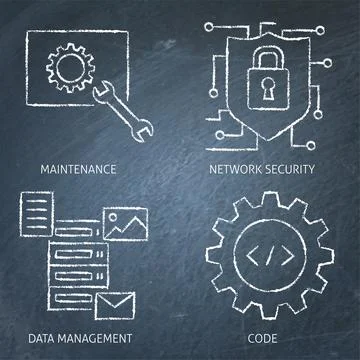 Software data chalkboard icon set Stock Illustration