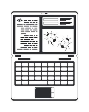 Software debugging on laptop black and white cartoon clipart Stock Illustration