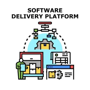 Software delivery platform distributing digital products process Ilustração Stock