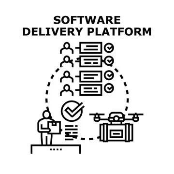 Software delivery platform distributing digital products to users Stock Illustration