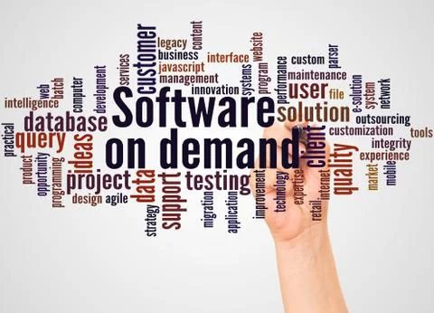 Software on demand word cloud and hand with marker concept Stock Photos