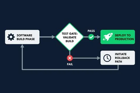 Software Deployment Flowchart Managing Test Gates and Rollback Paths Иллюстрация
