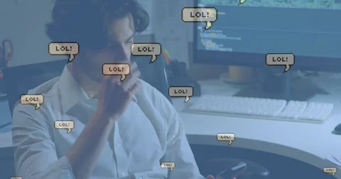 Software dev tapping phone and causing pixel LOL! bubbles while reacting to chat Stock Footage 328656359