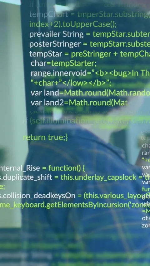 Software dev turning and leaning as code overlay moving across glass then Video stock 330769840