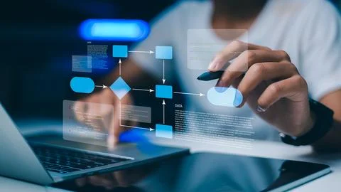 Software developer analyzing algorithm flowchart with holographic interface.. Stock Photos