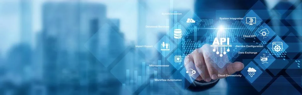 Software developer analyzing digital data pointing hand at API integration .. Stock Photos