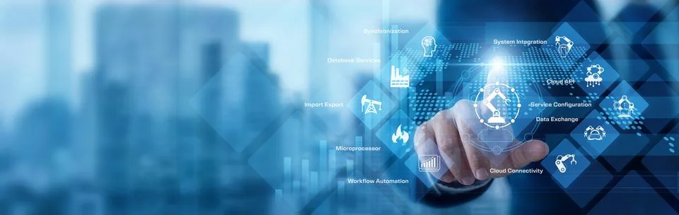 Software developer analyzing digital data pointing hand at API integration .. Stock Photos