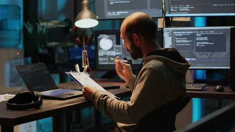 Software developer analyzing web data on clipboard papers and screens Stock Footage 224583419