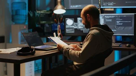 Software developer analyzing web data on clipboard papers and screens Stockfoto's