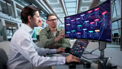 Software Developer And Colleague Discuss Low Code Platform Workflow Stock-Footage 347902833