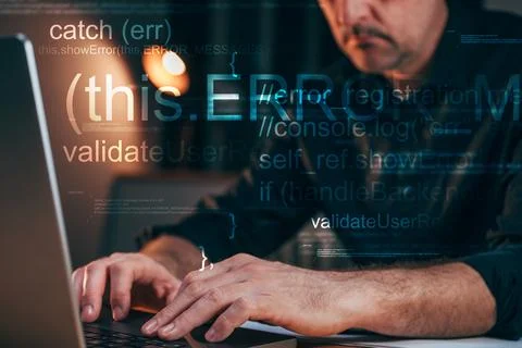 Software developer and programmer typing code on laptop computer Stock Photos