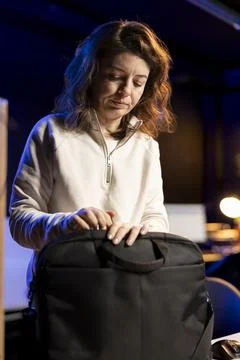 Software developer arriving in office, unpacking rucksack Foto stock