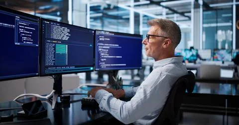 Software Developer Carefully Debugging Code In Cloud-based Programming Worksp Fotos de archivo