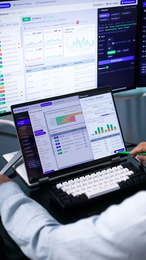 Software Developer Carefully Monitors API Gateway Traffic On Laptop Stock Footage 344711756