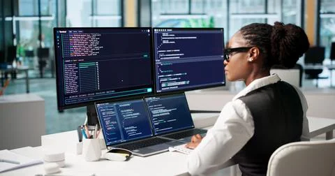 Software Developer Carefully Writing Code On Laptop In Cloud-based Workspace. Foto stock