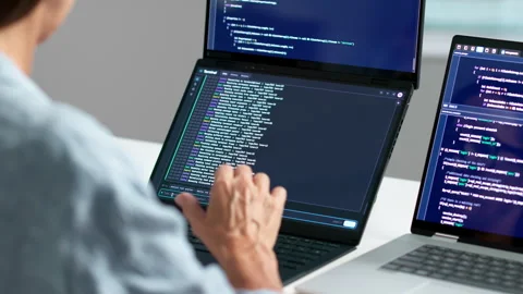 Software Developer Coding On Dual Touchscreen Laptops Stock Footage 346931377