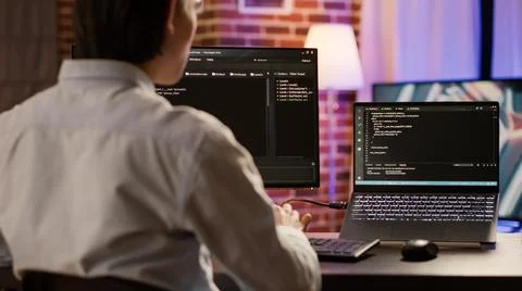 Software developer coding firewall server on computer and laptop 스톡 사진