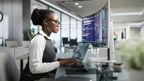 Software Developer Coding Interactively On Cloud-based Online Workspace Today Stock Photos