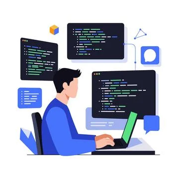 Software Developer Coding at a Multi-Screen Workstation Stock-Illustration
