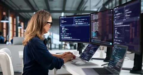 Software Developer Coding Secure Interactive Programs On Laptop Remotely. Foto stock