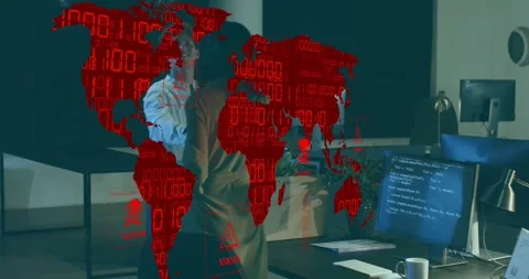 Software developer coding with transparent cyber threat map overlay, manager Stock Footage 318140597