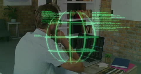 Software developer concentrating on laptop and creating 3D globe with scrolling Stock Footage 314848599