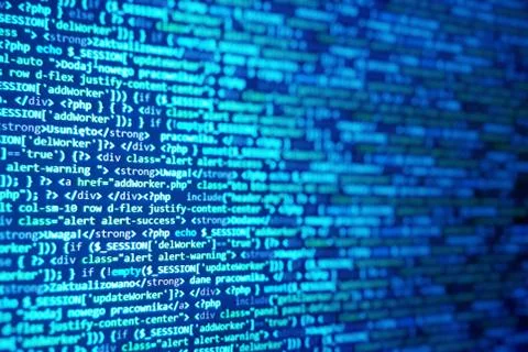 Software developer concept. Blue application code on computer screen. Program Stock Photos