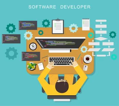 Software developer concept. Programmer coding on desktop. Stock Illustration