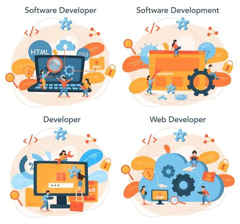 Software developer concept set. Idea of programming and coding, Stock Illustration