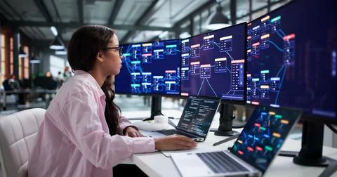 Software Developer Creates Secure Workflows Using Low Code Drag And Drop Tool Stock Photos