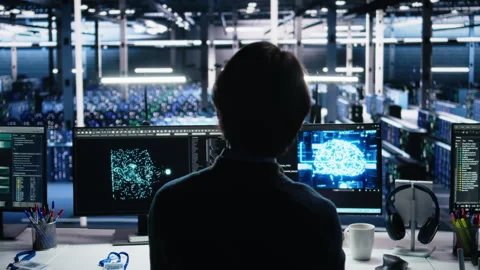 Software developer in data center coding with generative AI Stock Footage 313640380