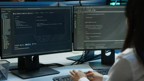 Software developer in data center ensuring system can handle networking tasks 写真素材