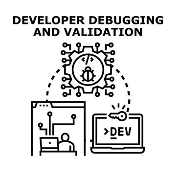Software developer debugging and validating code errors Stockillustratie