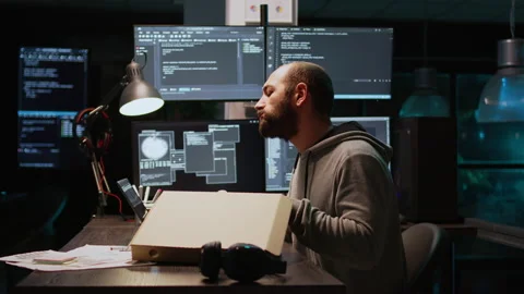 Software developer eating pizza from takeaway delivery Stock Footage 221523657