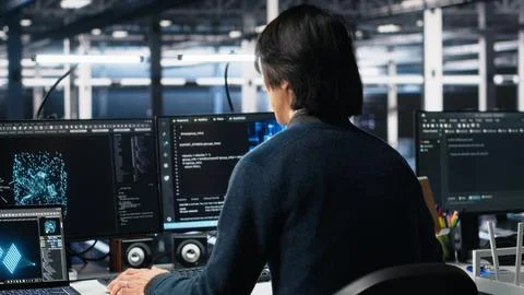 Software developer entering server room office, using AI Stock Photos