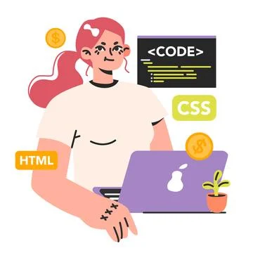 Software developer. Female programmer coding a website. Digital Stock Illustration