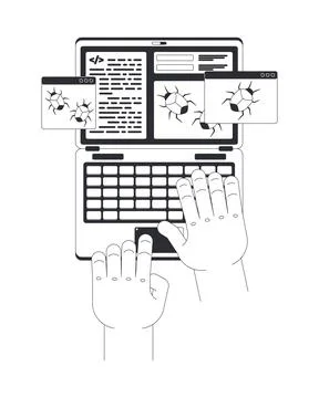 Software developer fixing programming bugs line illustration concept Stock Illustration