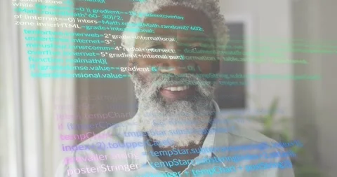 Software developer focusing and watching transparent code scrolling over face Stock Footage 318626305