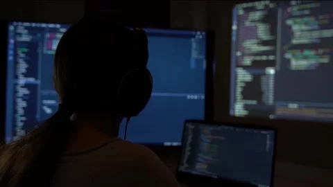 Software developer freelancer woman female in glasses work with program code  Stock Footage 149298949