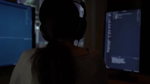 Software developer freelancer woman female work with program code C ++, Java, Stock Footage 149298956