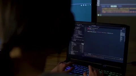 Software developer freelancer woman female work with program code C ++, Java, Stock Footage 149298987