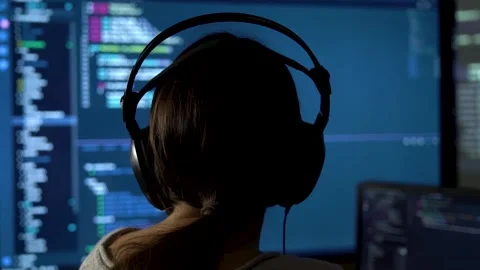 Software developer freelancer woman female work with program code C ++, Java, Stock Footage 149298999
