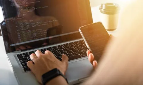 Software developer hands typing data coding programming javascript with lapto 스톡 사진