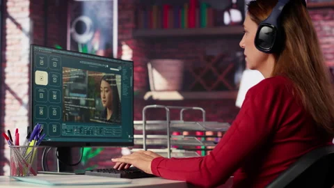 Software developer at home office coding on desktop using AI powered script Stock Footage 306108353